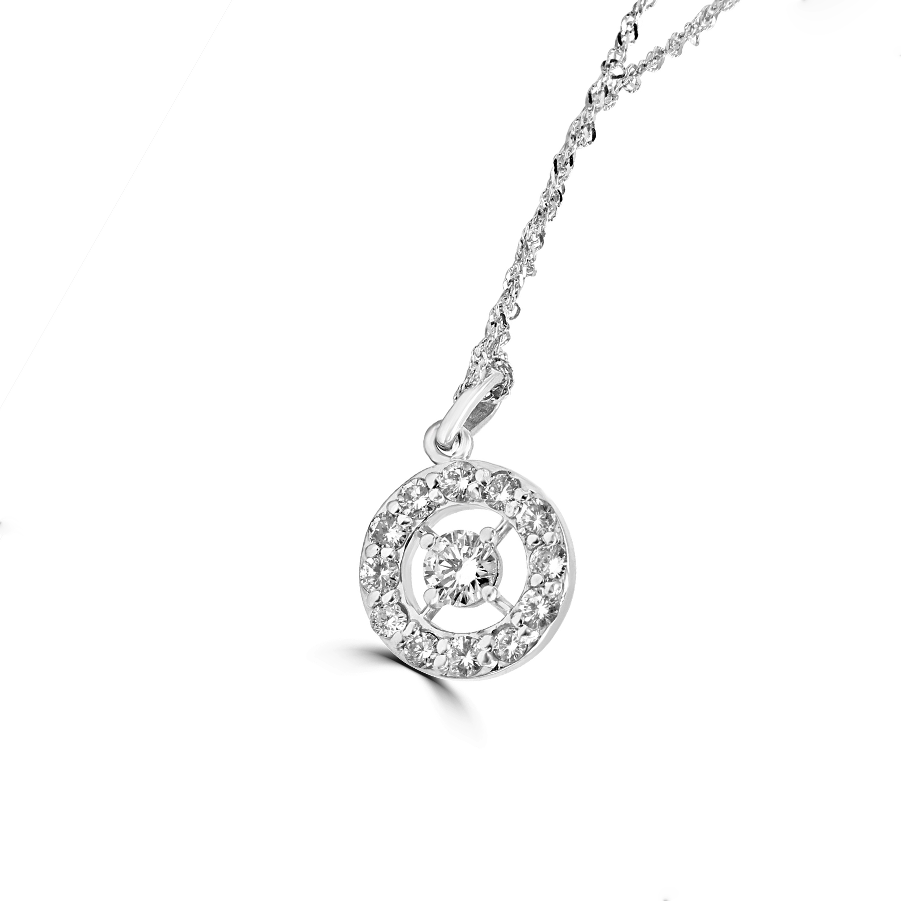 diamond circular necklace on gold chain.