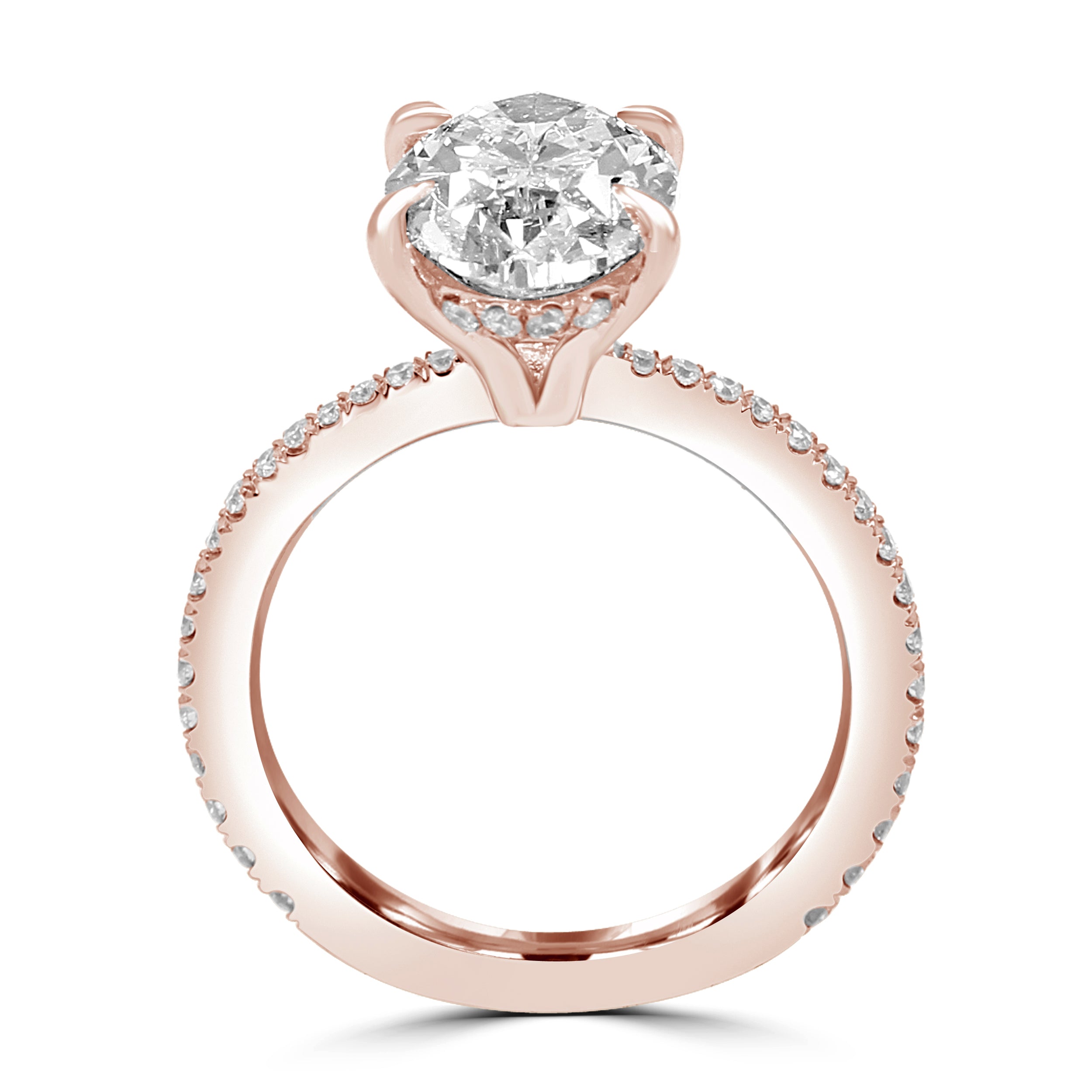 Tapered Oval diamond engagement ring with pave diamonds on the rose gold band. Top view
