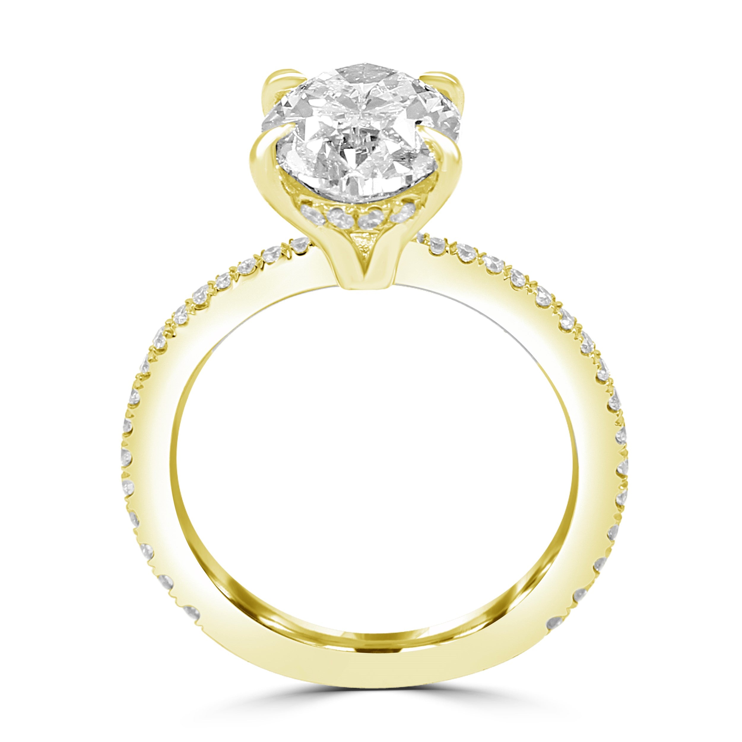 Tapered Oval diamond engagement ring with pave diamonds on the yellow gold band. Top view