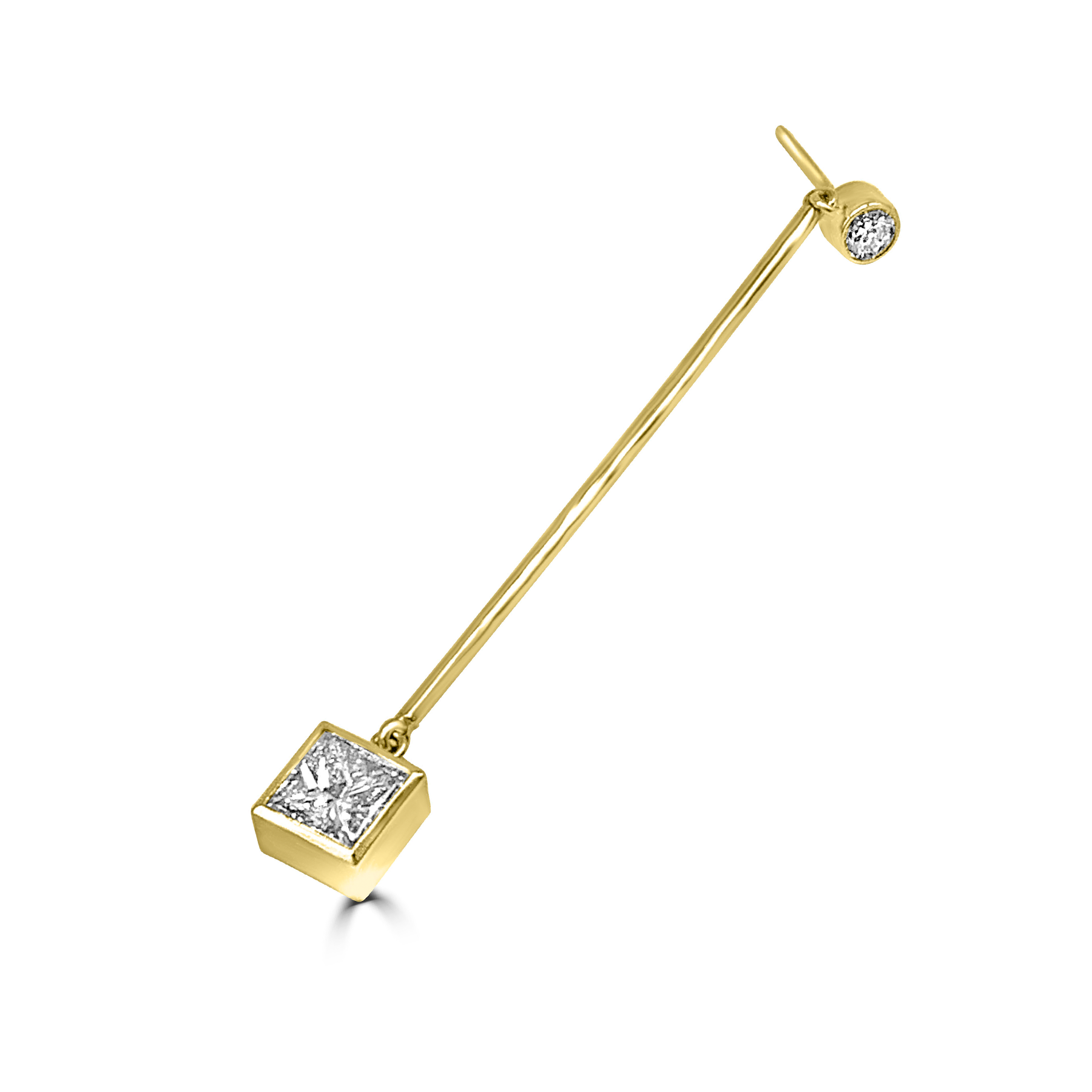 princess cut diamond earrings hanging on a long gold