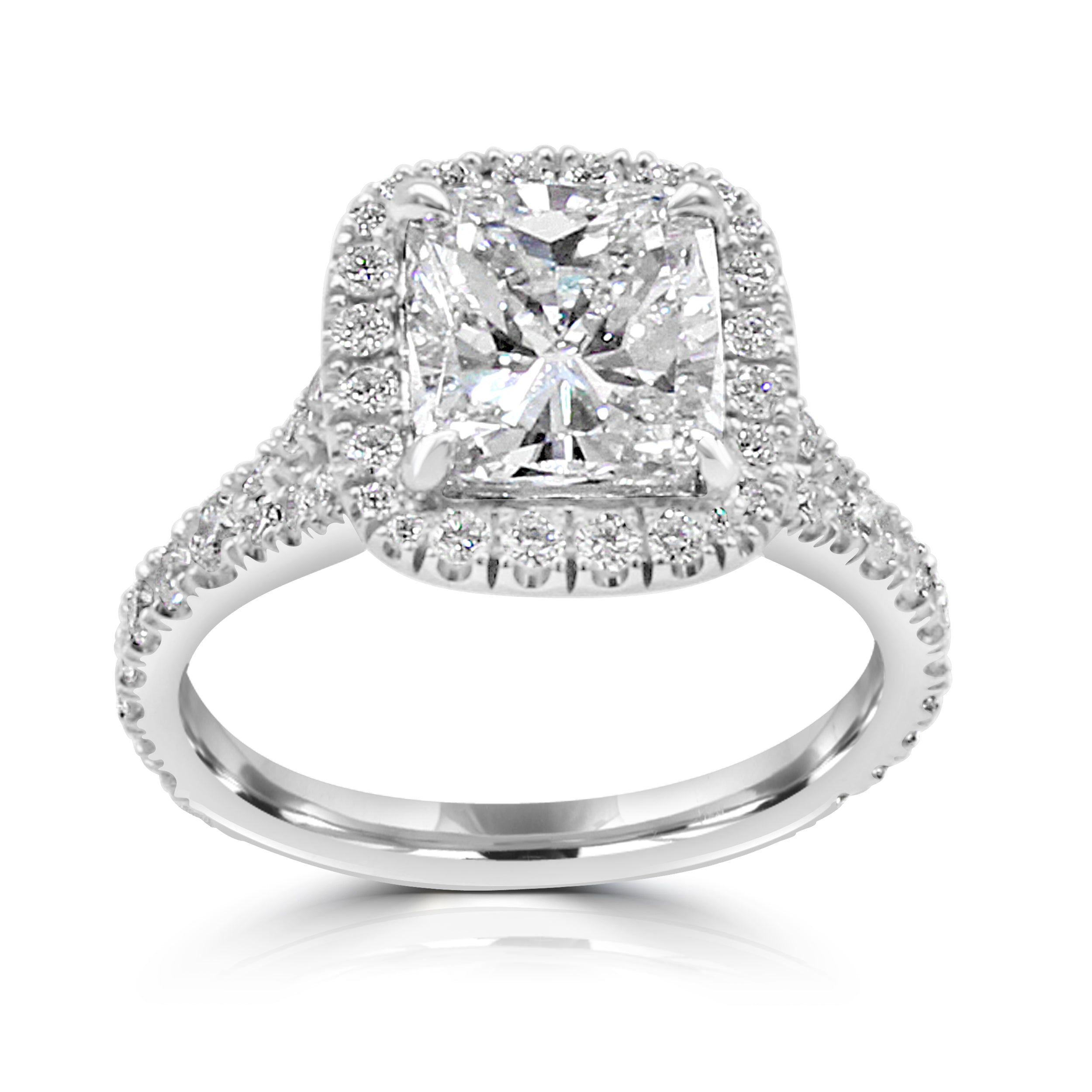 cushion cut diamond with halo and hidden diamonds under with pave diamond band