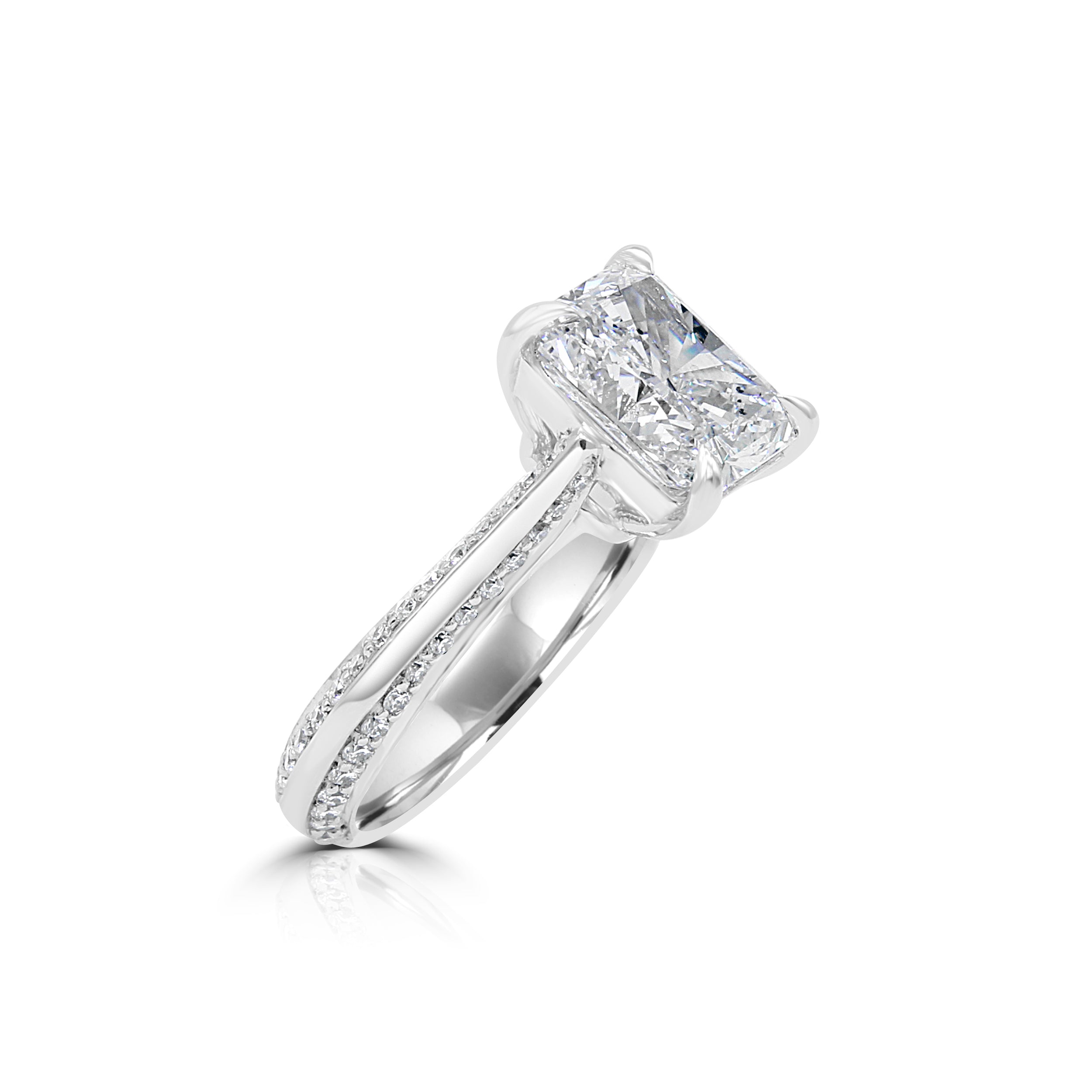 Radiant cut diamond engagement ring. Platinum
