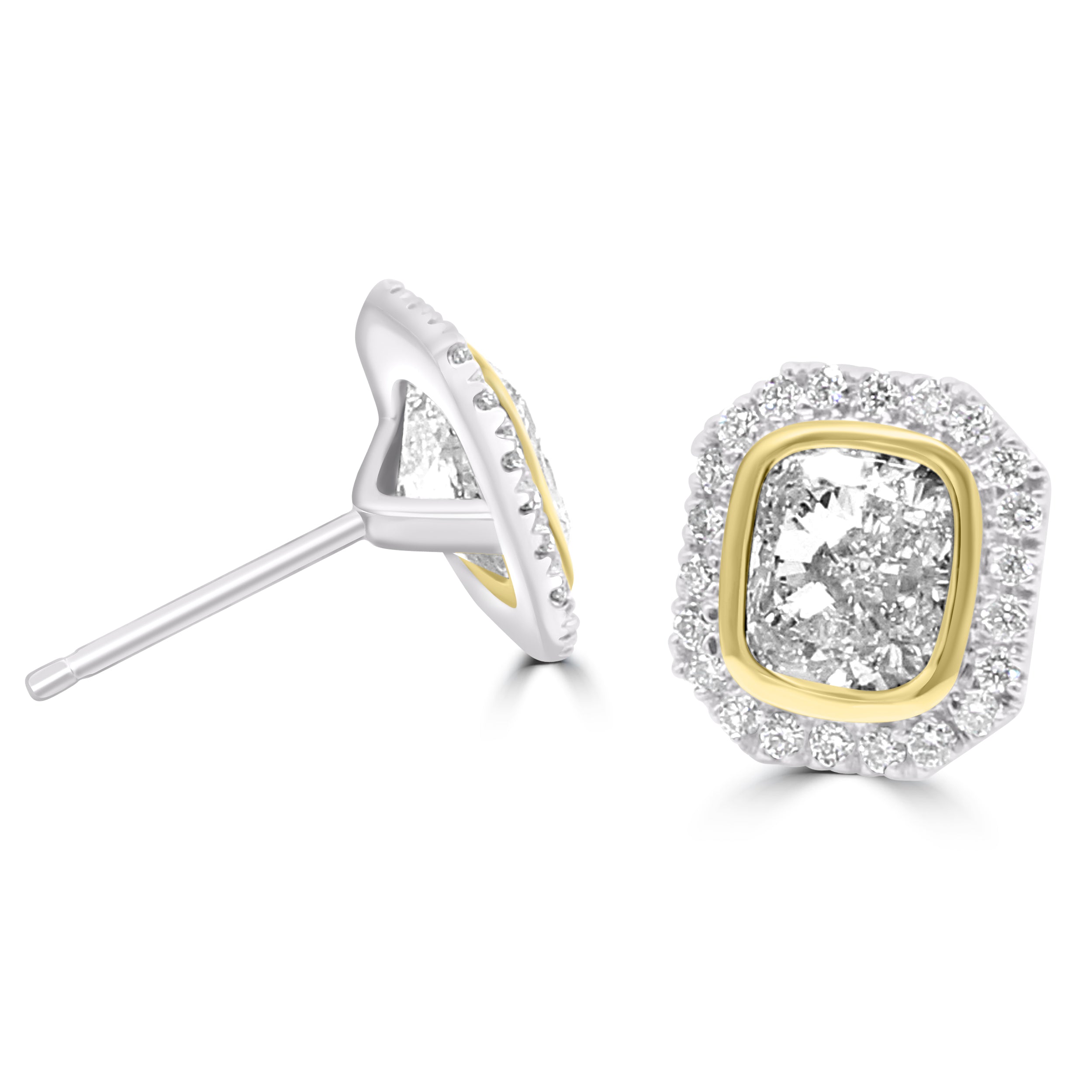 Cushion cut diamond set bezel set in yellow gold with pave diamond halo on white gold. earrings