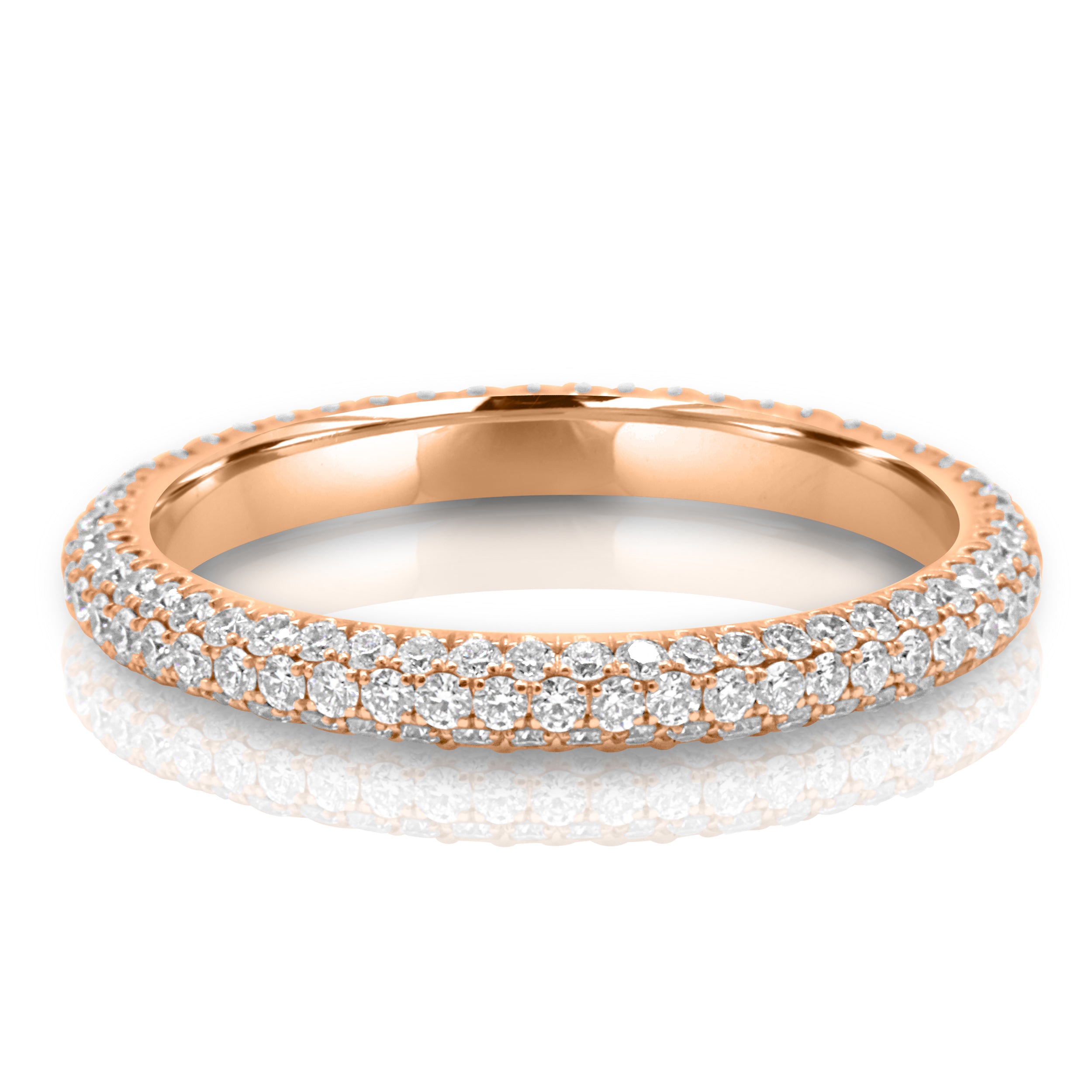 rose gold eternity band with three rows of sparkling diamonds