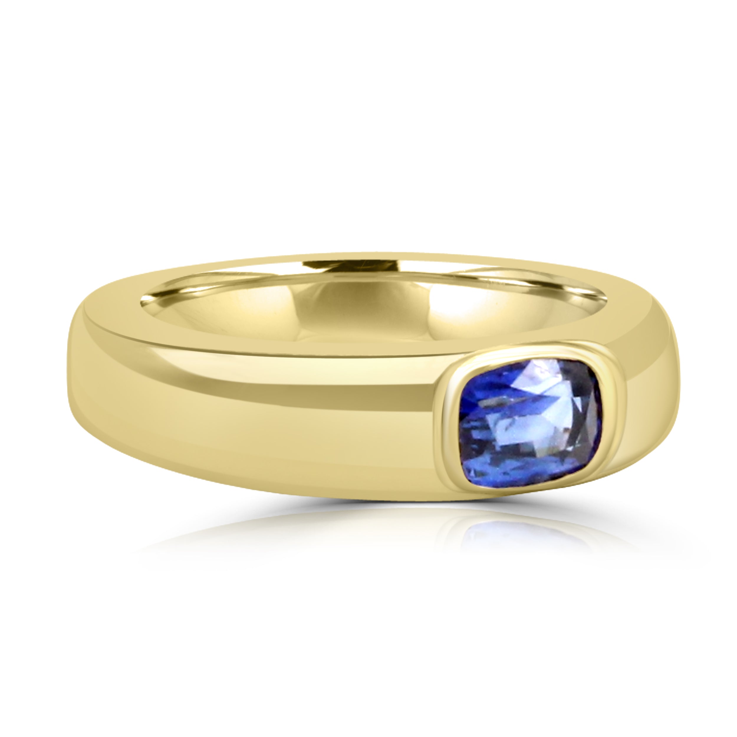 unisex gold wedding band features a natural, unheated blue sapphire