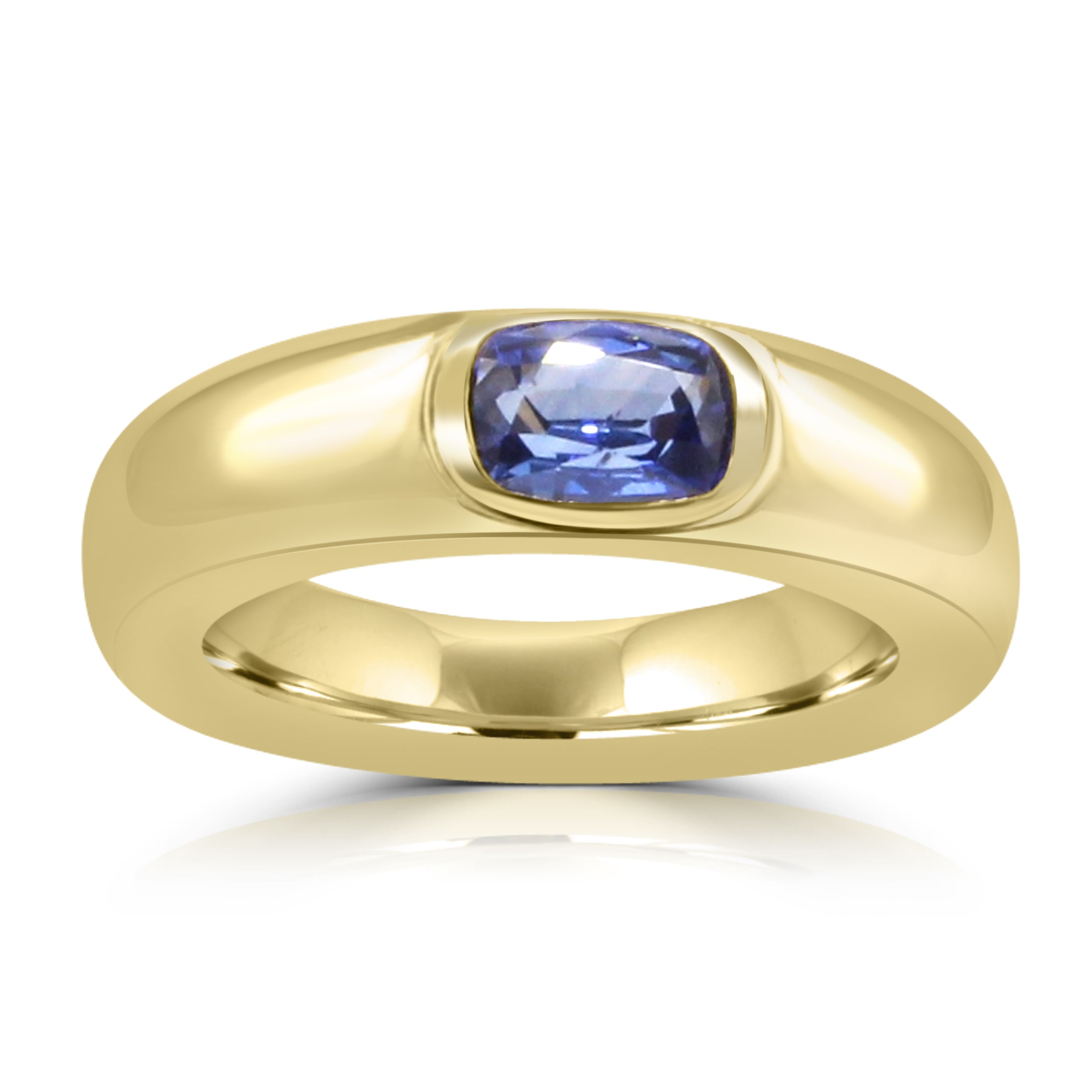 unisex gold wedding band features a natural, unheated blue sapphire