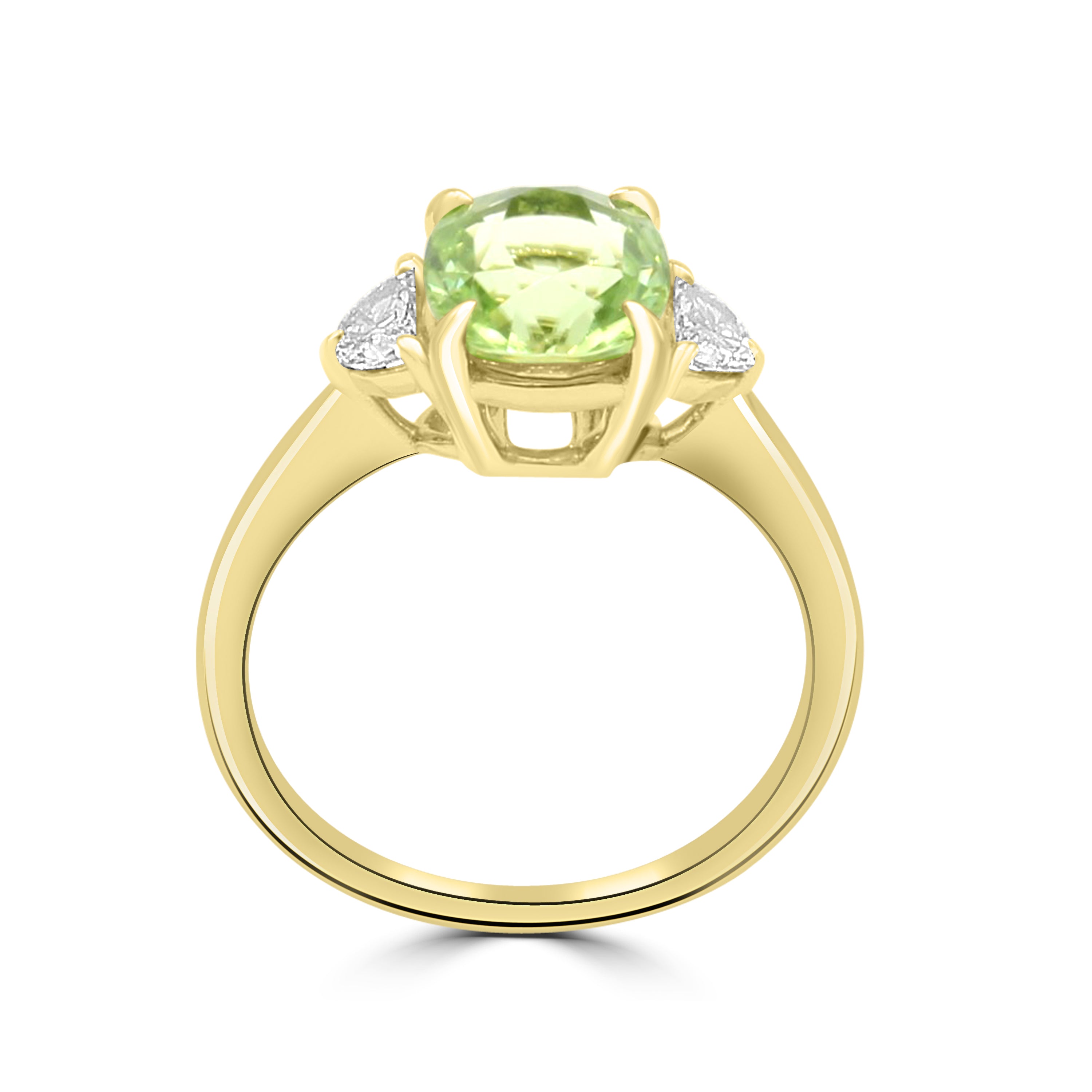 14K yellow gold ring features an oval-shaped peridot with two half-moon diamonds on each side