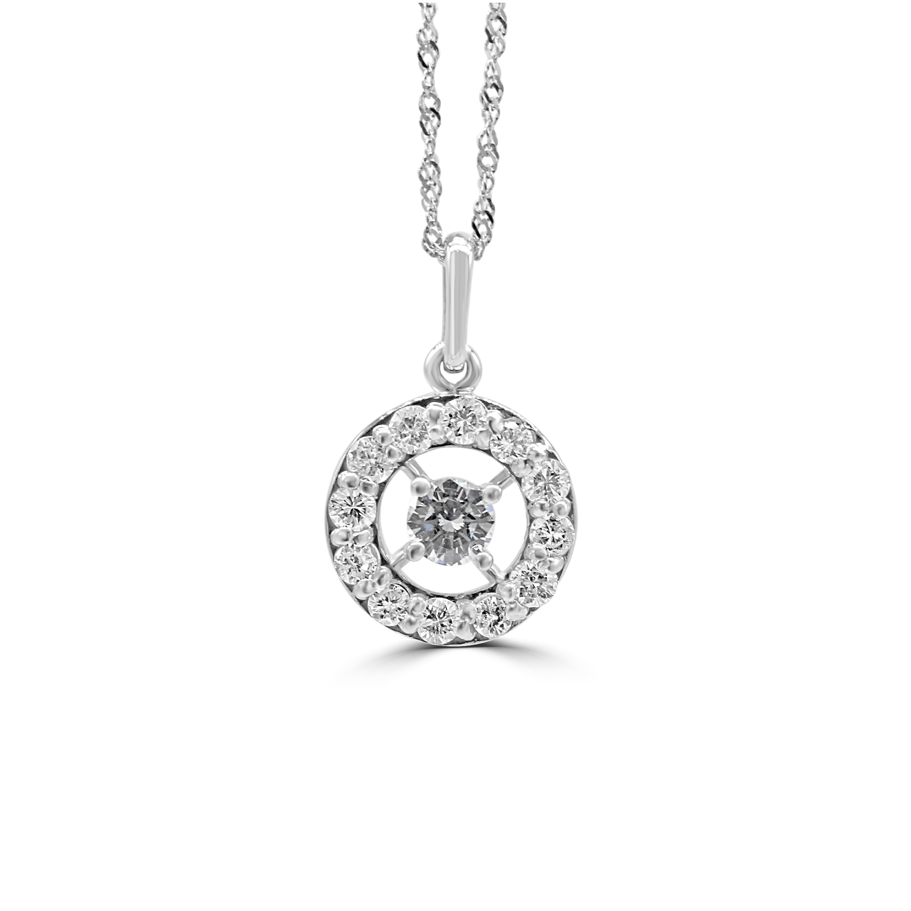 diamond circular necklace on gold chain.
