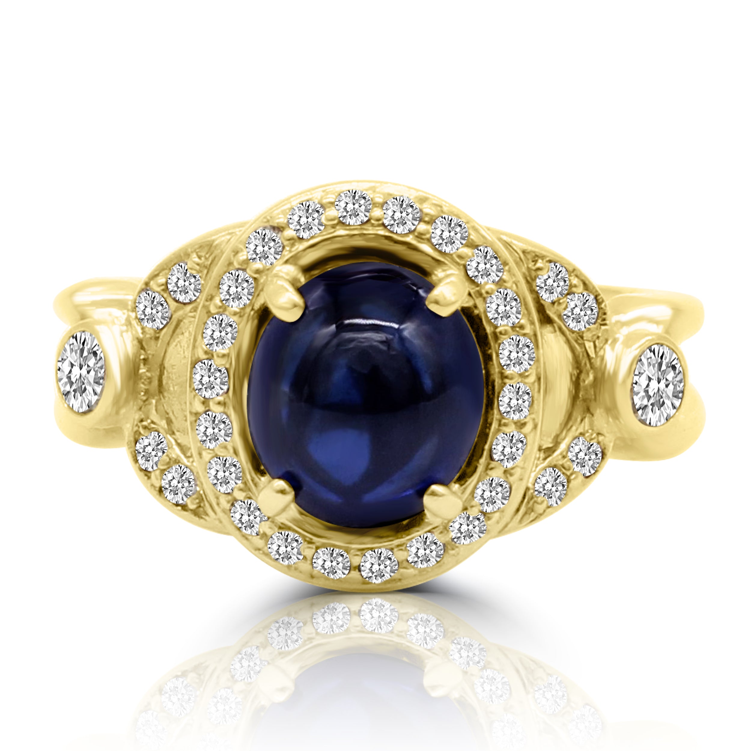 Blue Sapphire ring with diamond halo and two side diamonds
