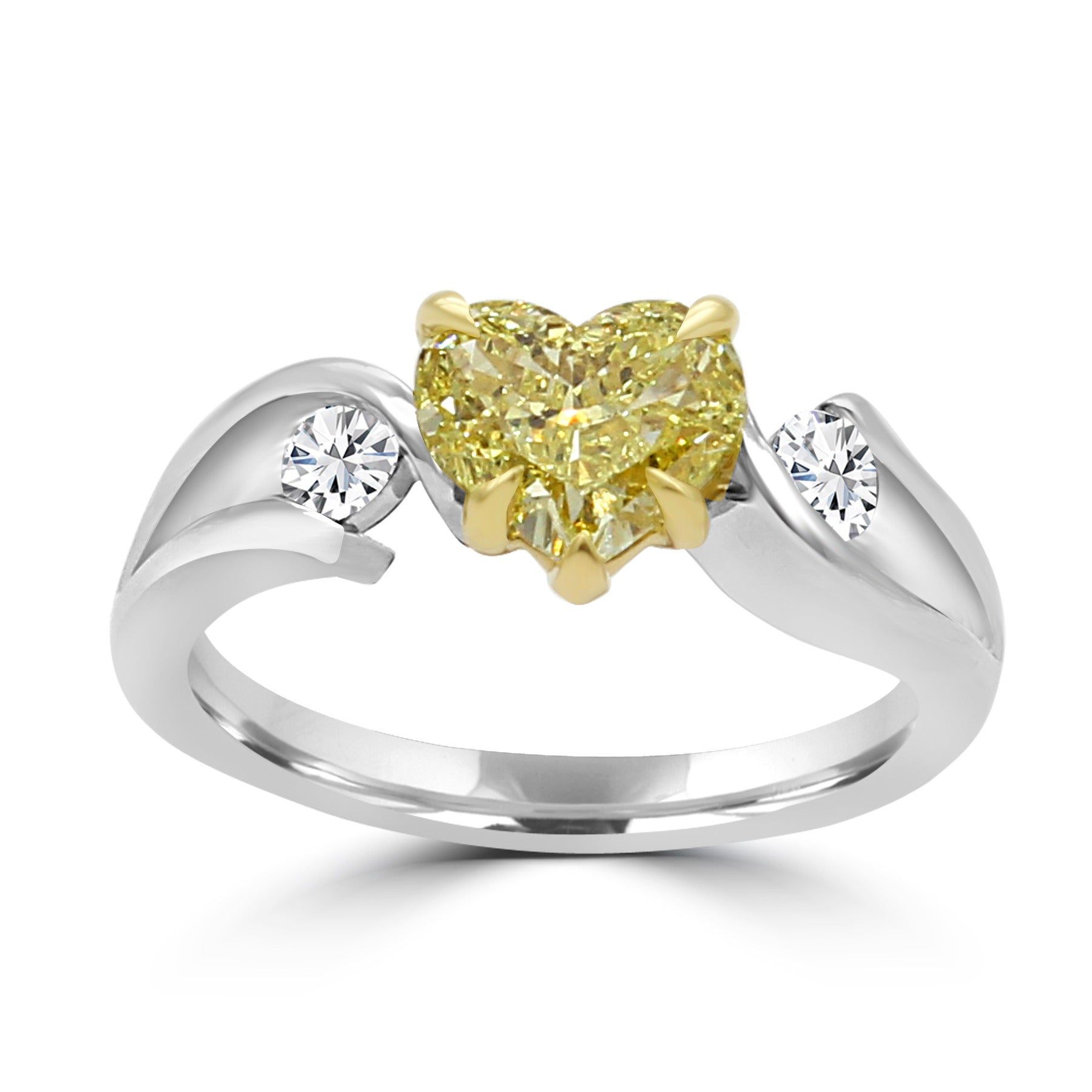 rare canary yellow heart-shaped diamond ring, with two round diamonds on the sides
