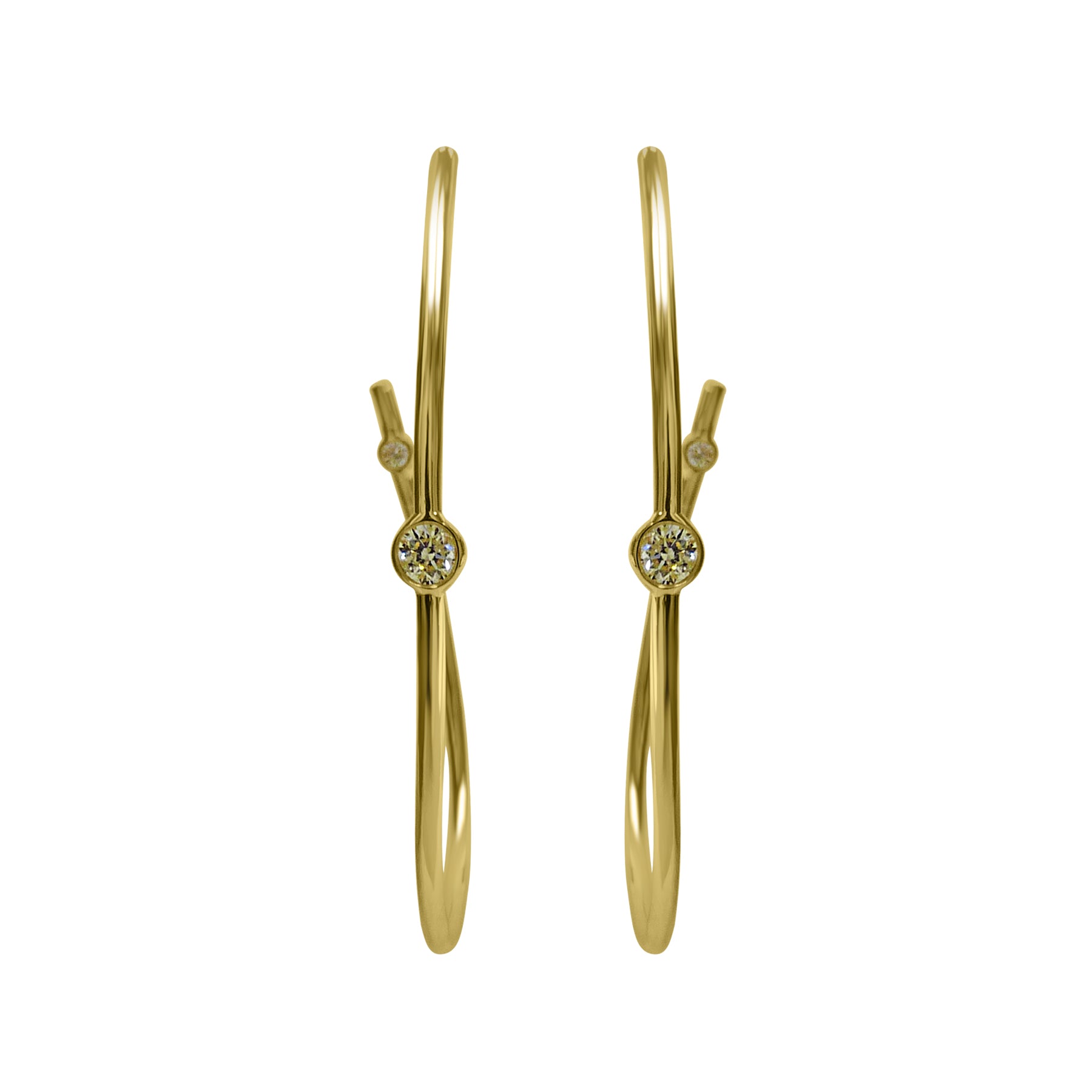 Large oval-shaped hoops with off-center design and two hidden diamonds