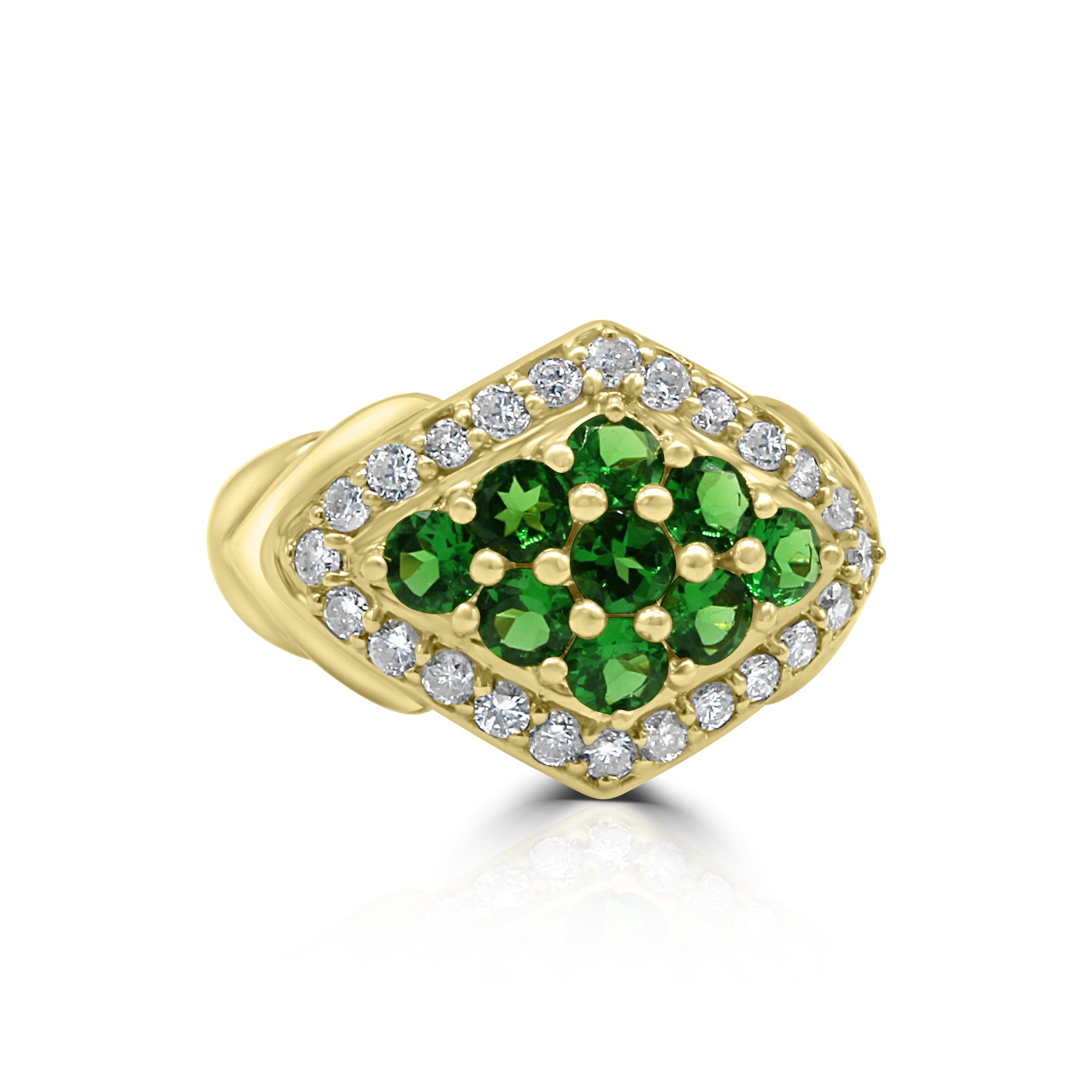 yellow gold ring with tsavorite stones and 1/3 ct diamonds