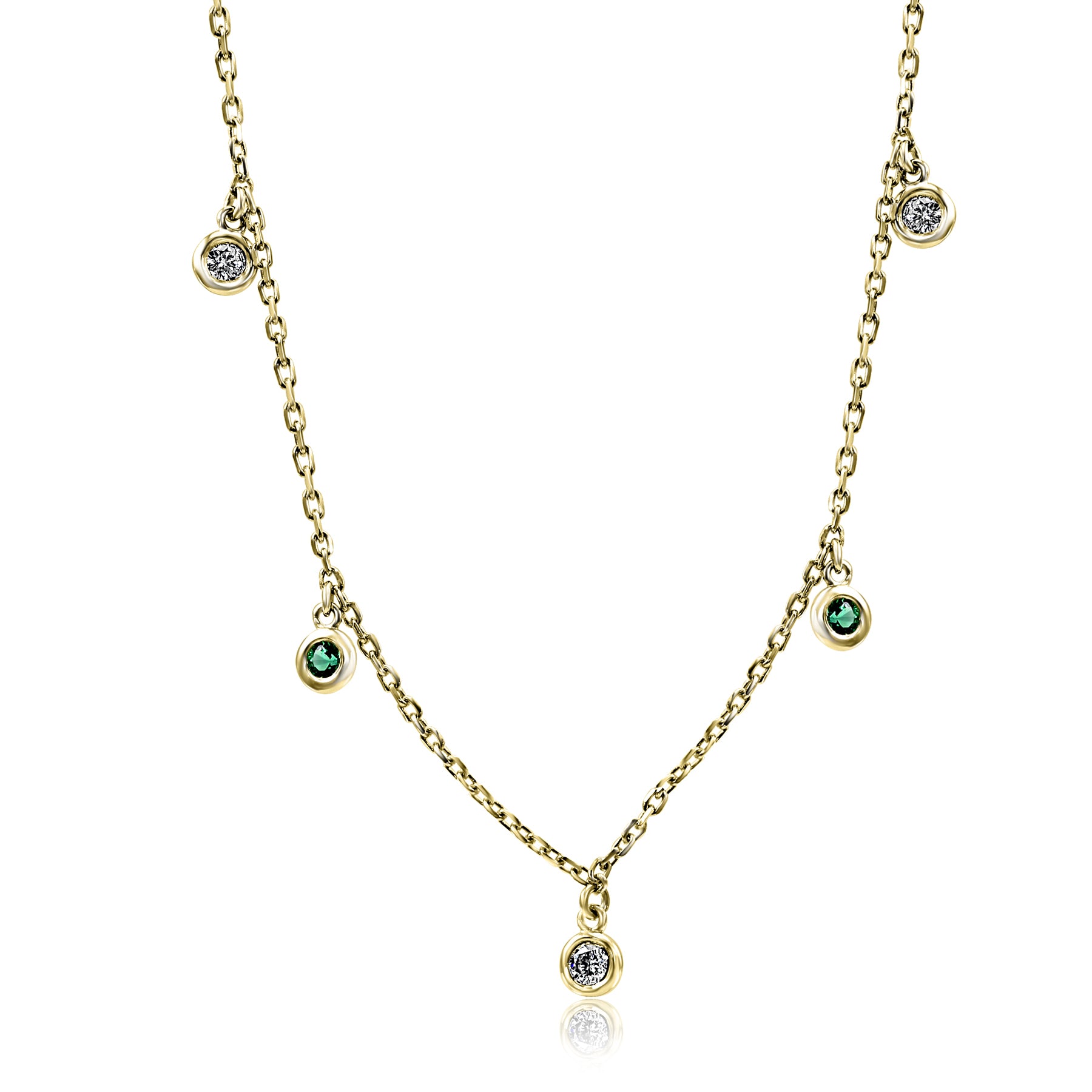14K Yellow gold necklace with dangling diamonds and emeralds