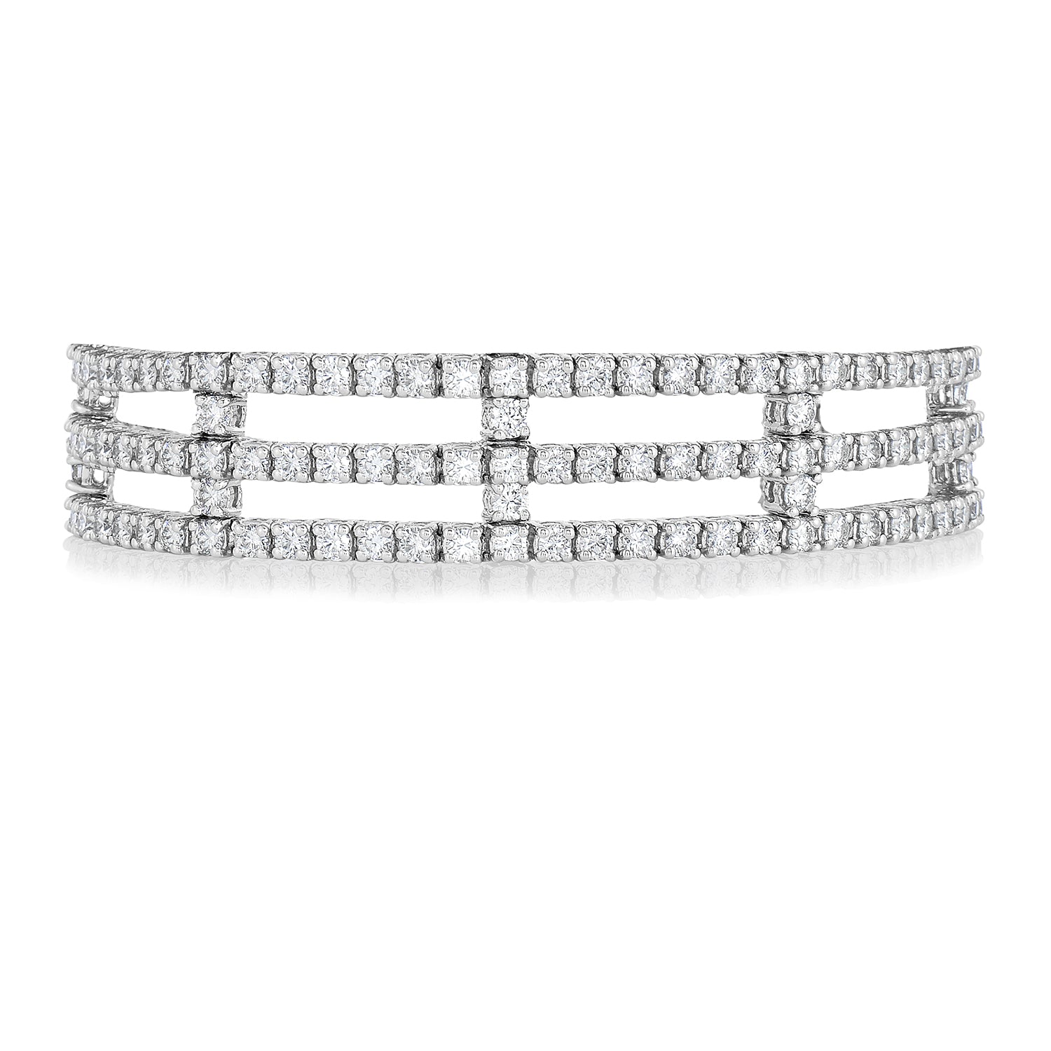 Roman-style diamond bracelet with three rows connected by diamond-covered bars