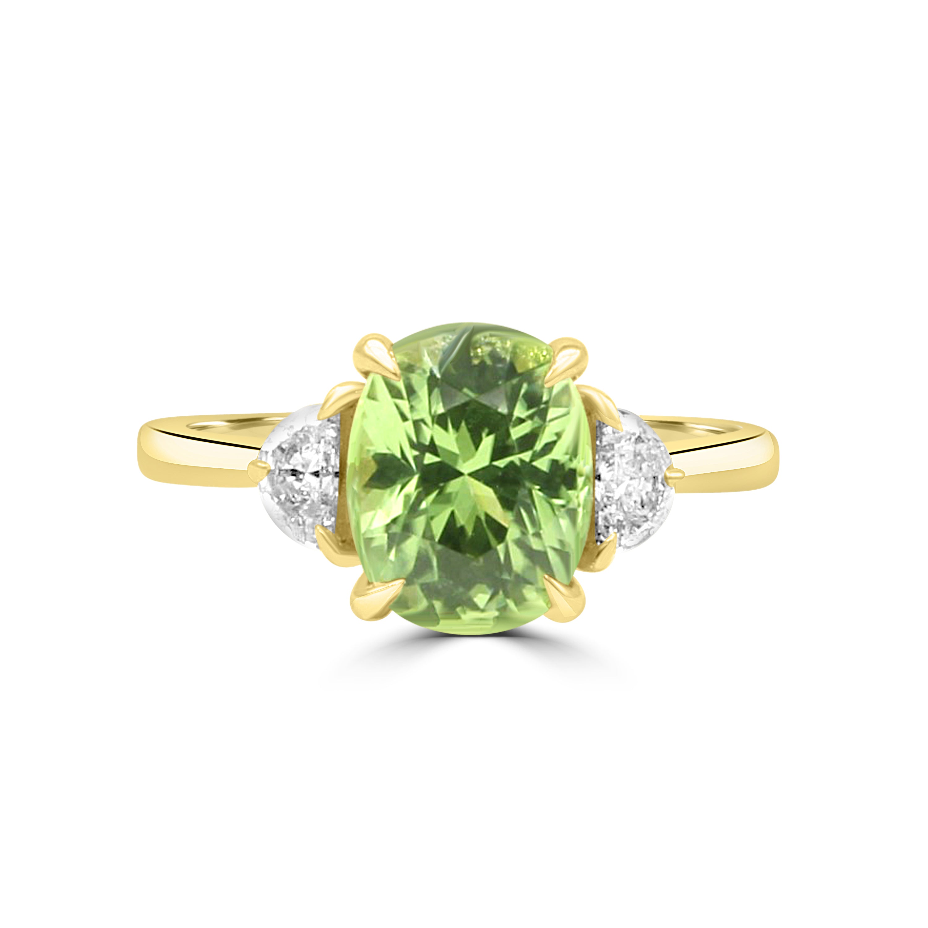 14K yellow gold ring features an oval-shaped peridot with two half-moon diamonds on each side
