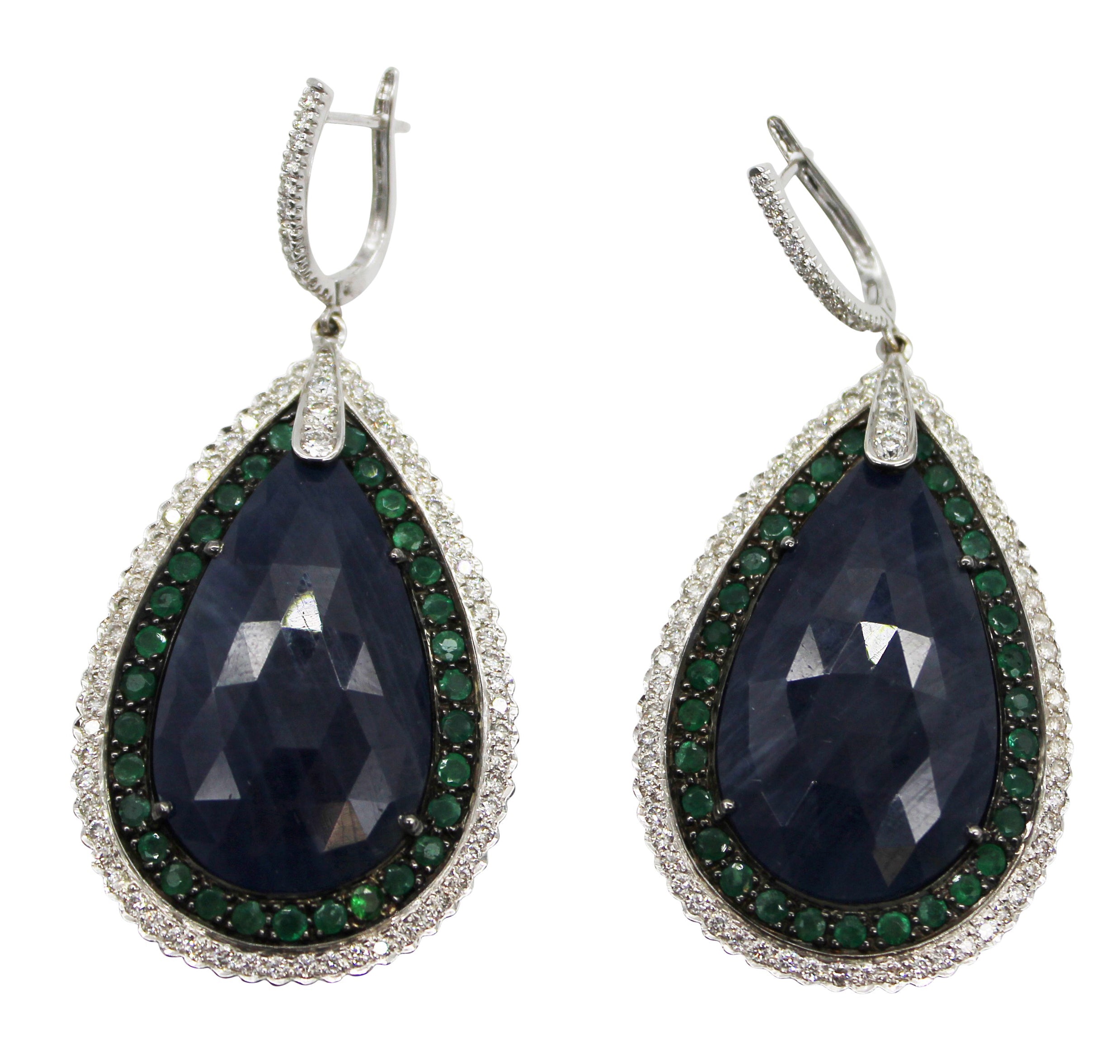 Blue Sapphire pear shaped Hanging Earrings with diamond and emerald pave