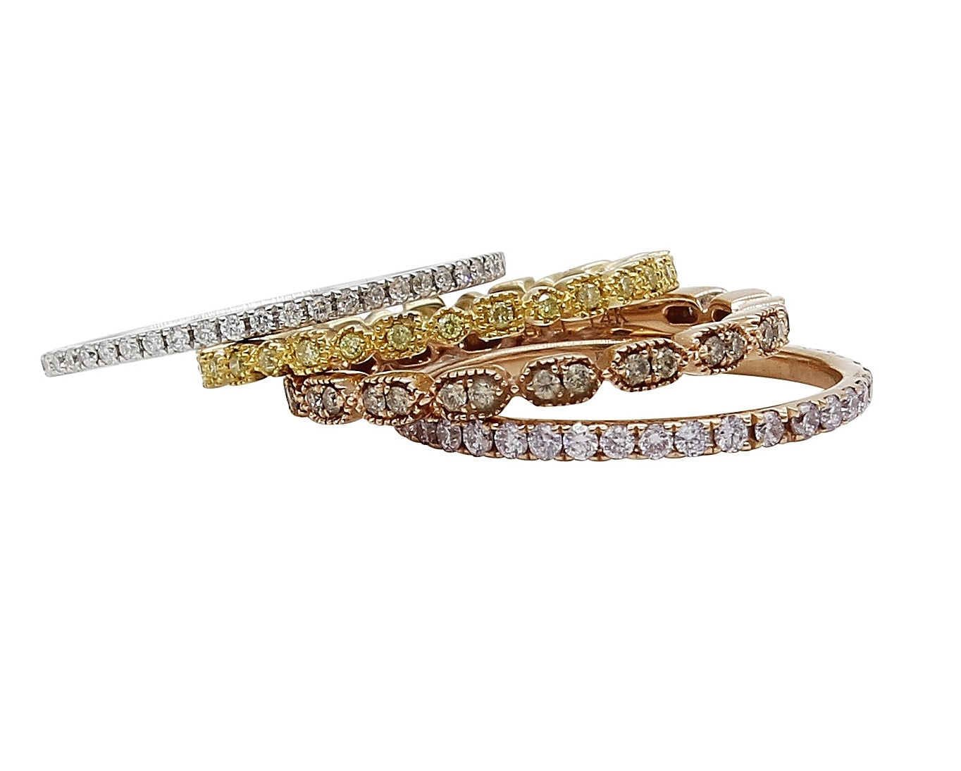 Stackable thin diamond bands. all shapes and colors.