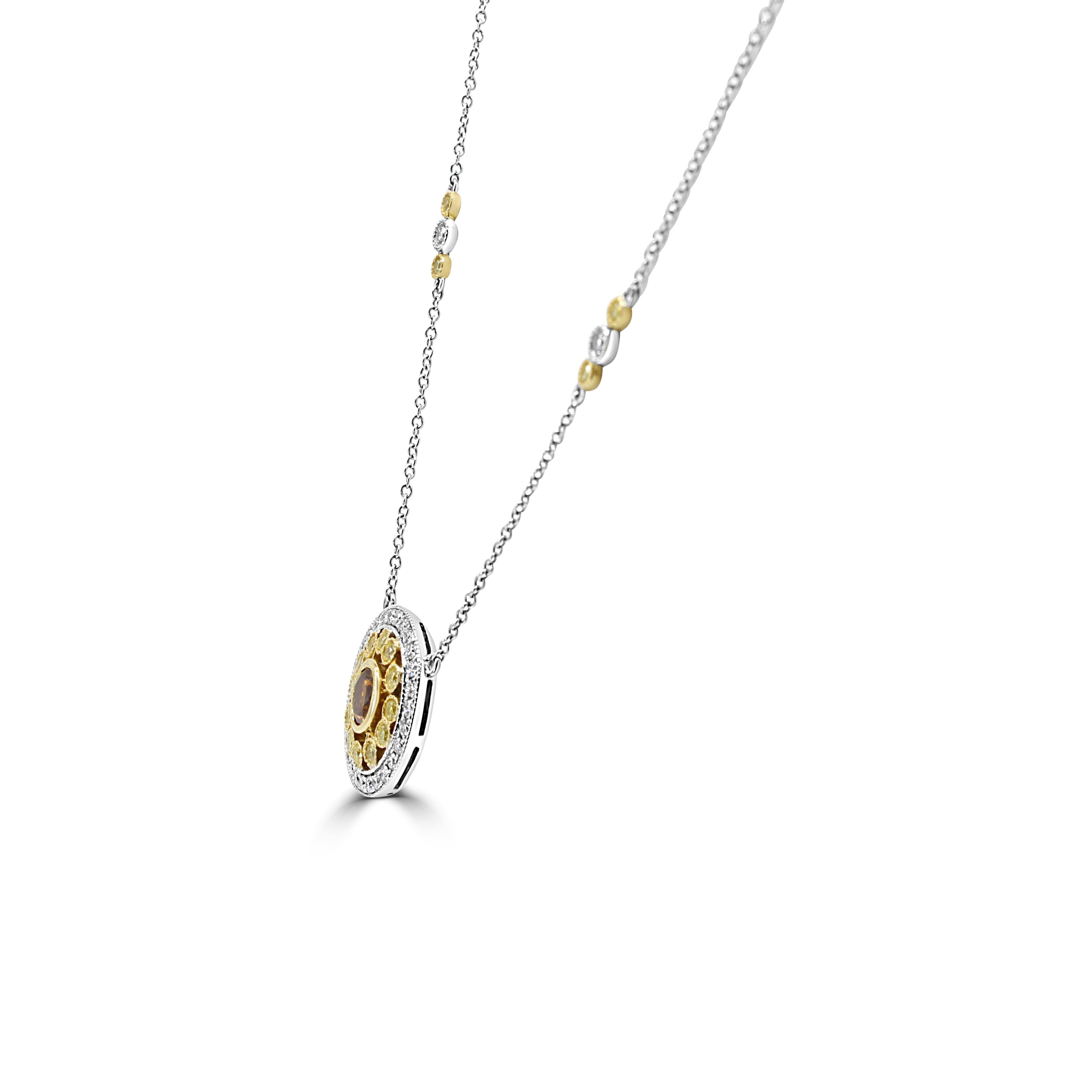 Yellow Diamonds surrounding the center Orange- Brown round Diamond necklace