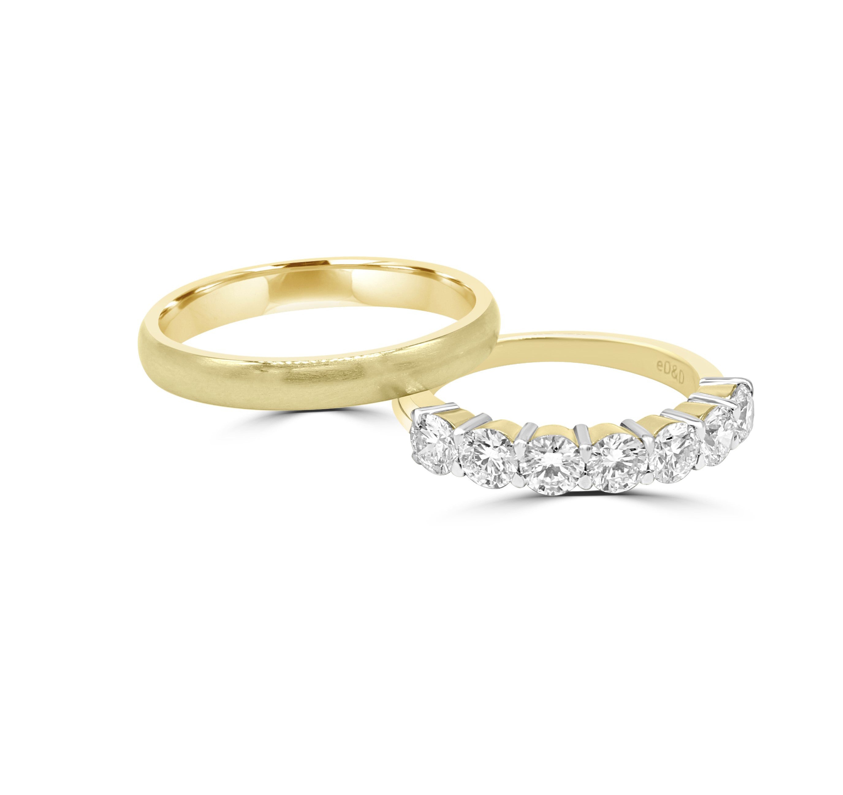 Simple Gold Band stacked on top of the Two-tone seven stone diamond ring