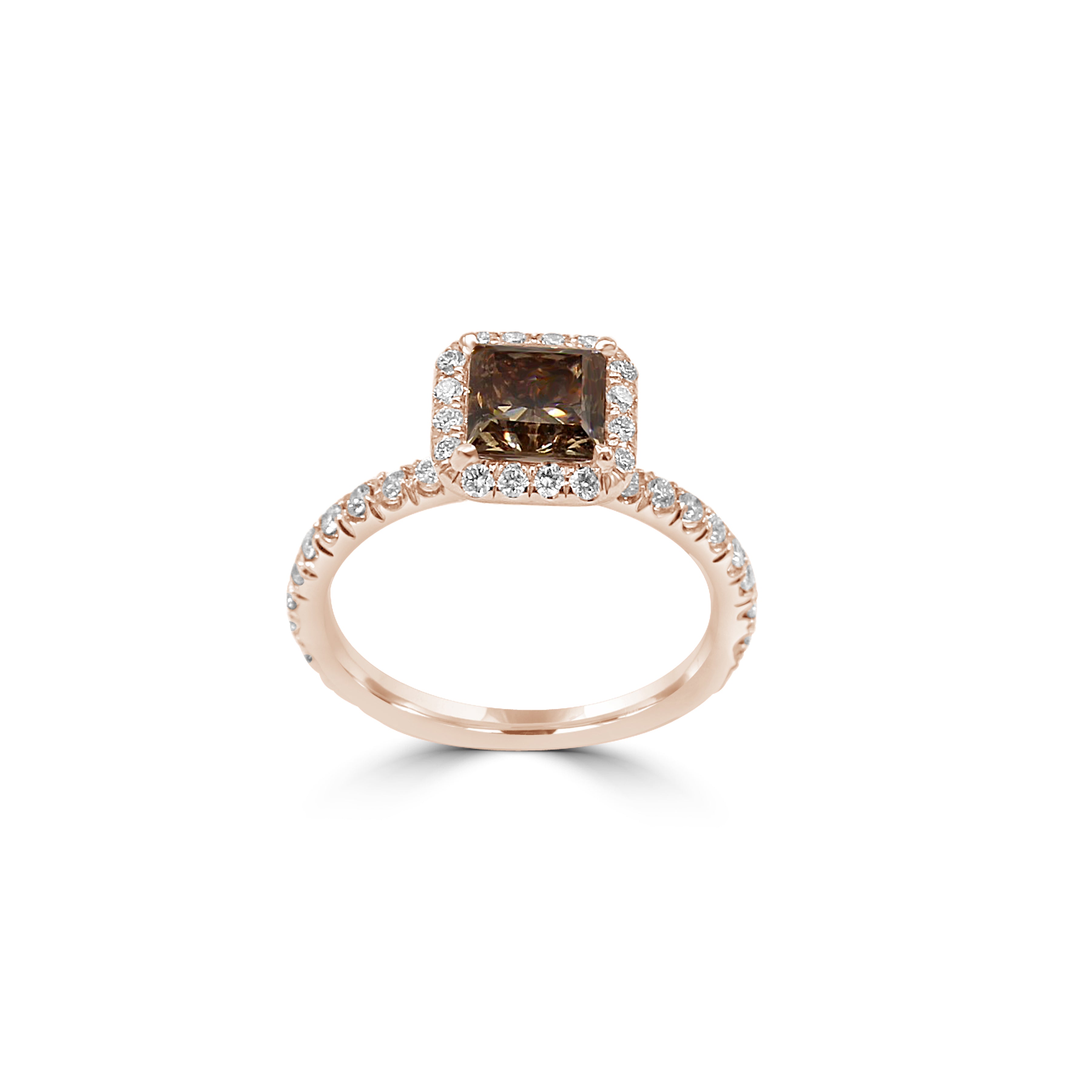 Princess-Cut Chocolate Brown Diamond Halo Pavé Ring in Rose Gold