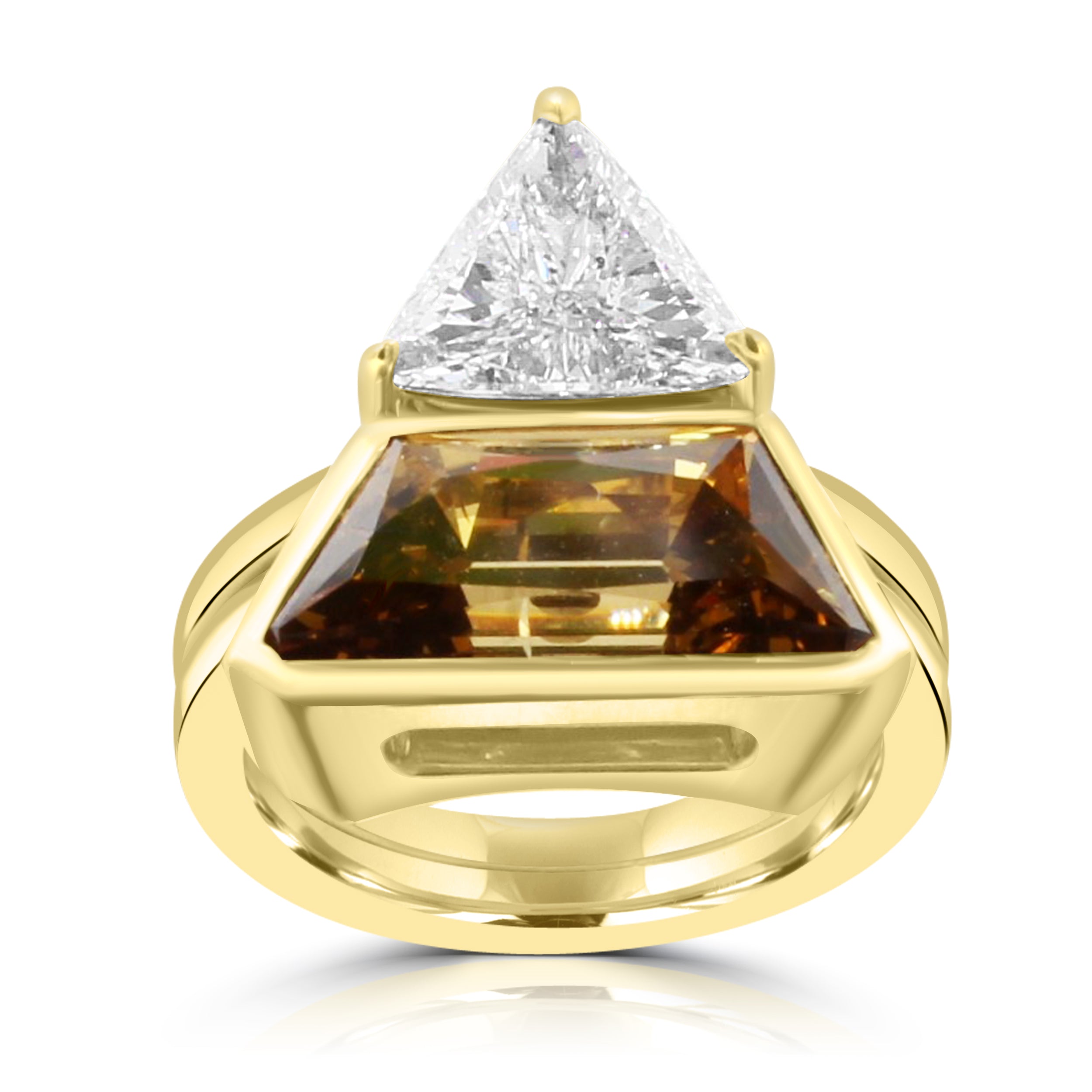 The Pyramid ring with the top half of the piece in white diamond, the bottom half with brown diamond, assembled. Held by a gold band