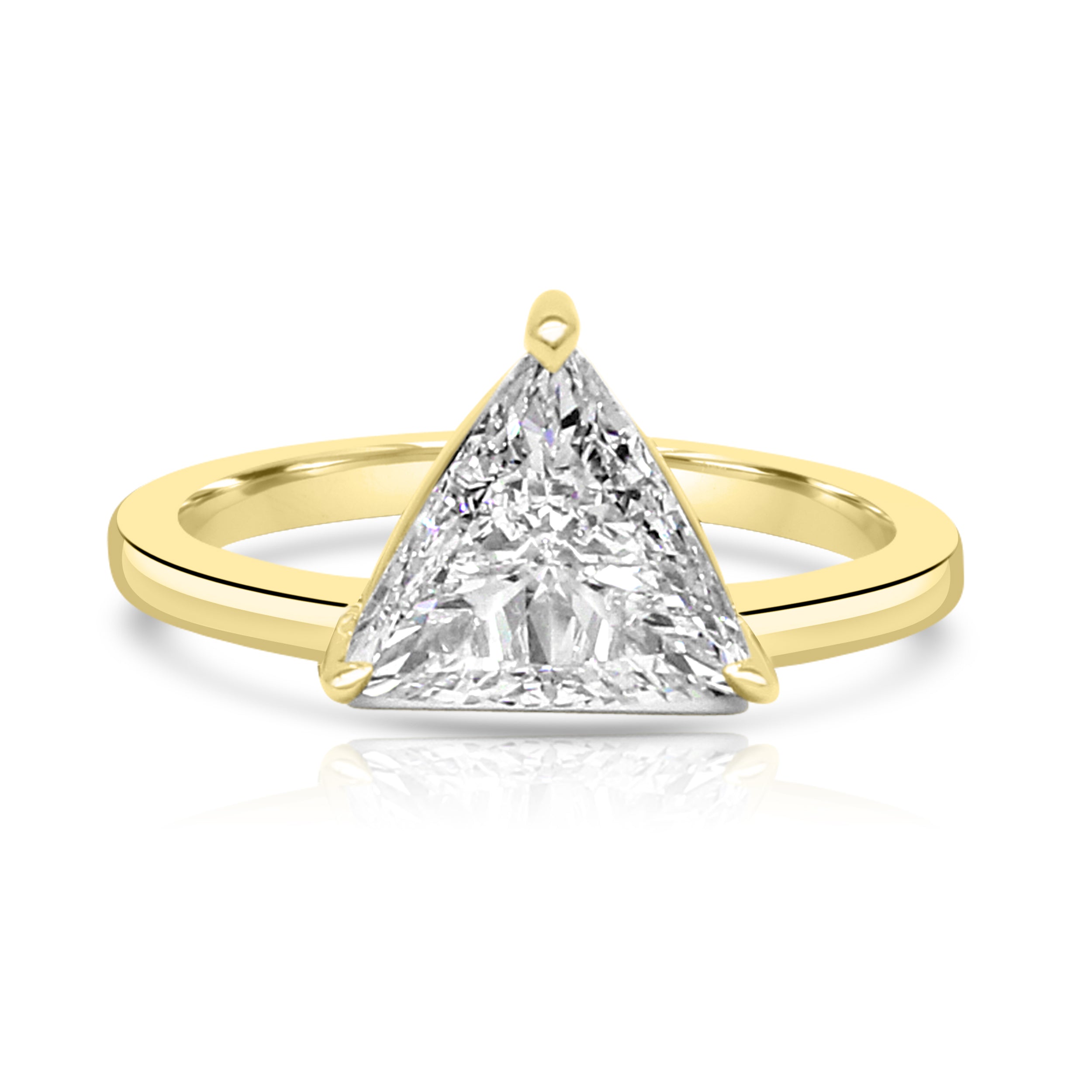 The Pyramid ring. Top Half. white diamond held by 3 prongs. Gold band.