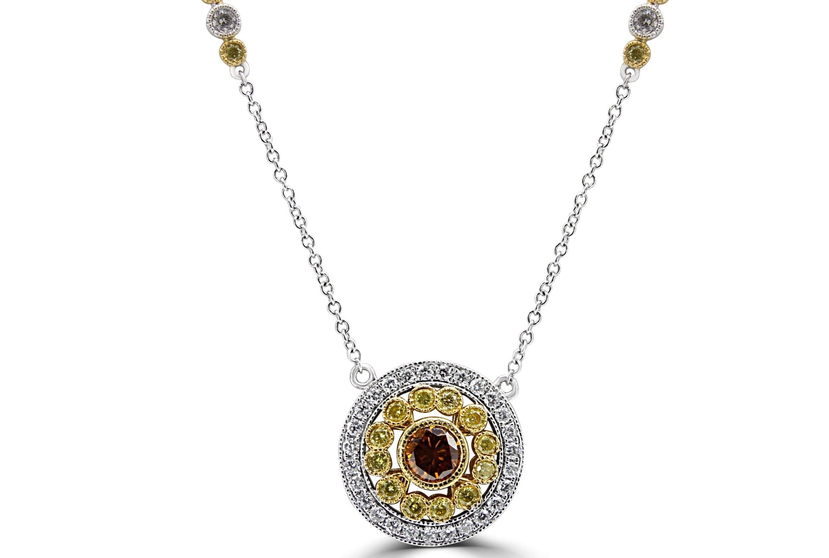 Yellow Diamonds surrounding the center Orange- Brown round Diamond necklace