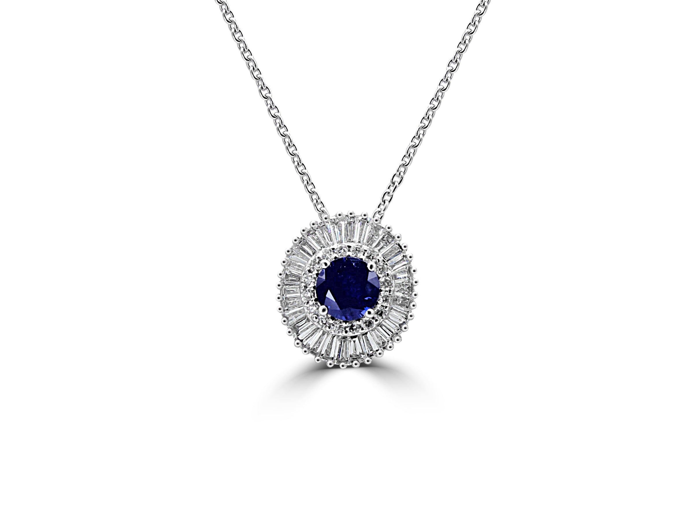 Sapphire is enveloped by bright diamond Baguettes. Diamond necklace