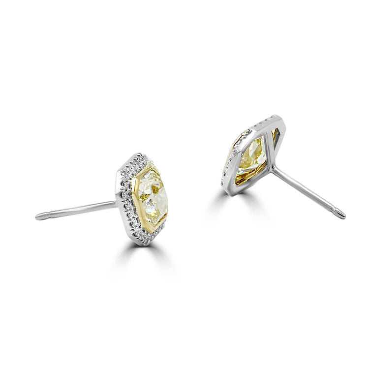  natural Fancy Intense Yellow Radiant cut diamond earrings. Side view