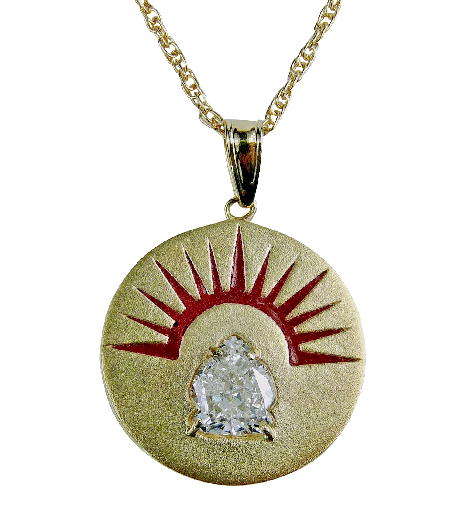 One of a kind pendant. 14K Yellow Gold with Red Enamel custom design.  This Diamond is cut in the shape of The Buddha.