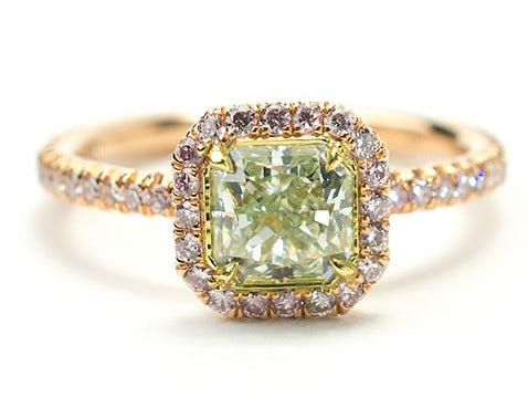 2 CT radiant green diamond with pink diamonds, set in 18K rose and yellow gold.