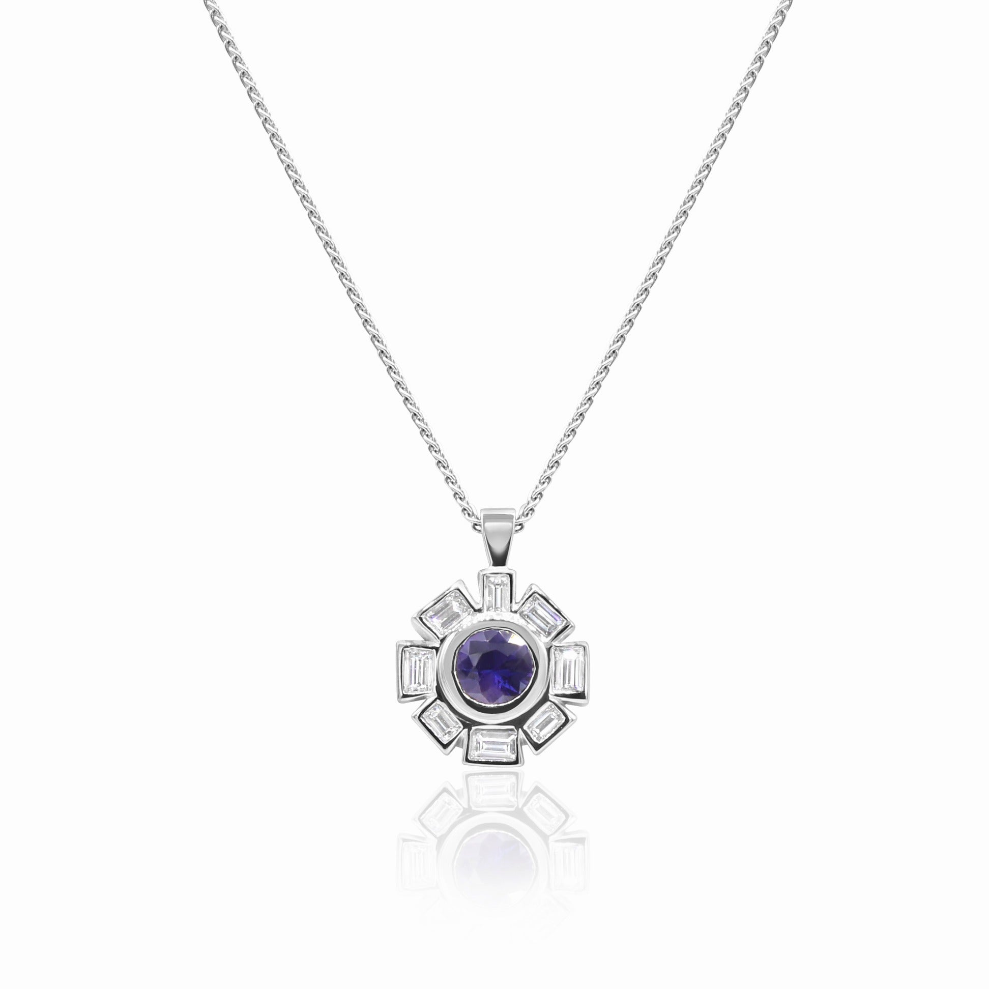 round purple sapphire with emerald cut diamond halo