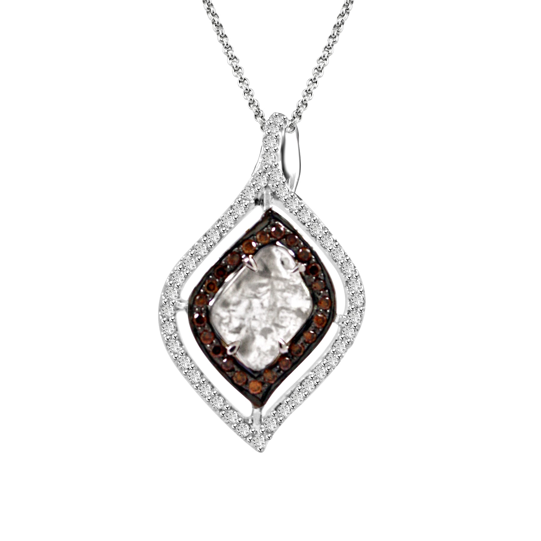 pendant with a gray, organic-shaped rose-cut diamond in the center, surrounded by a row of orange diamonds and an outer row of white round brilliant diamonds