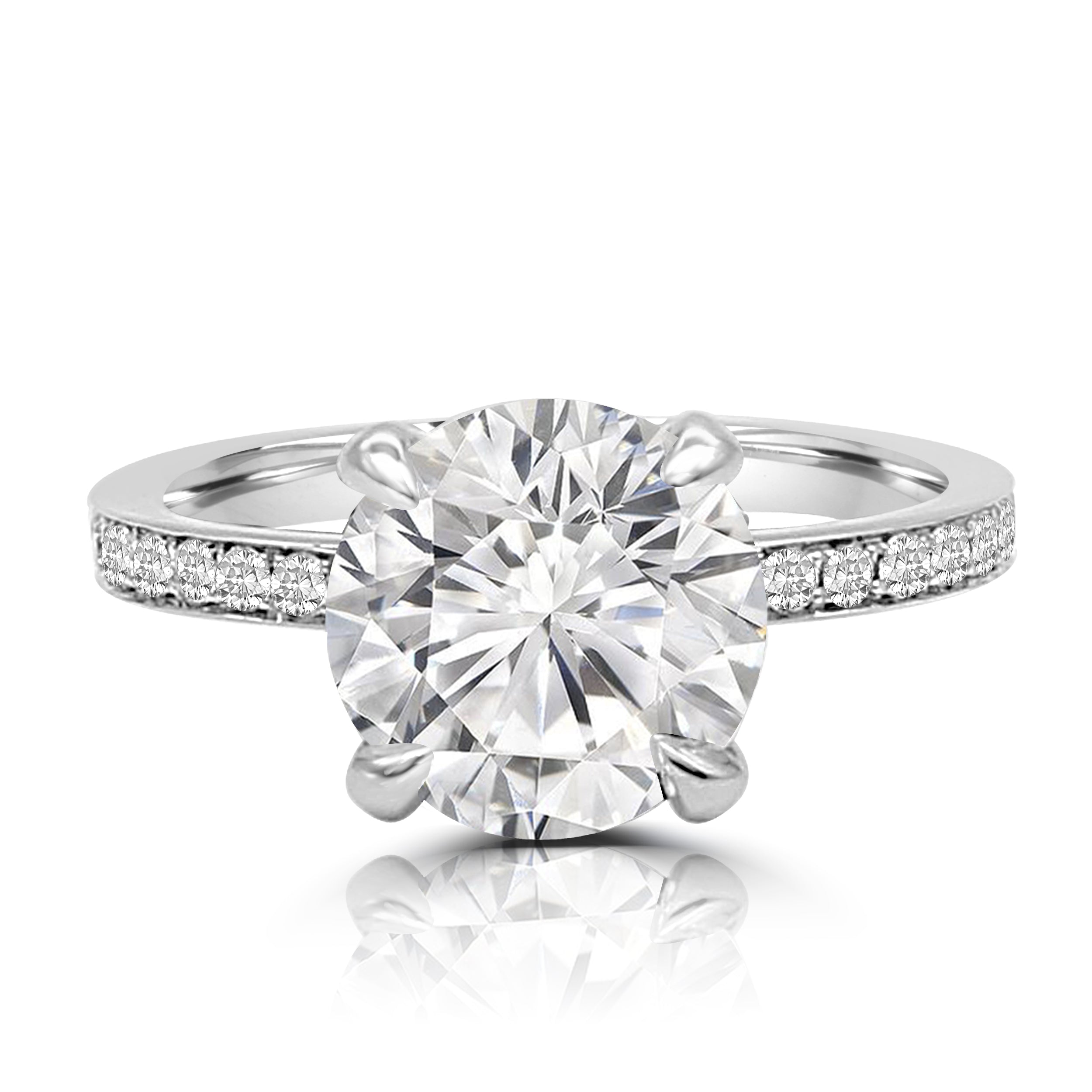 Center diamond with open setting to show all angles. Pave Band.
